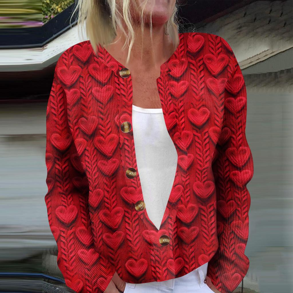 Giacca Cardigan alla Moda da Donna a Maniche Lunghe con Stampa di San Valentino