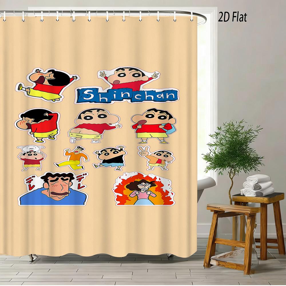 Crayon Shin-Chan & Shiro & Himawari Photo Collage Scene 2D Print Waterproof Shower Curtain, Warm Yellow Checkered With Star Acce