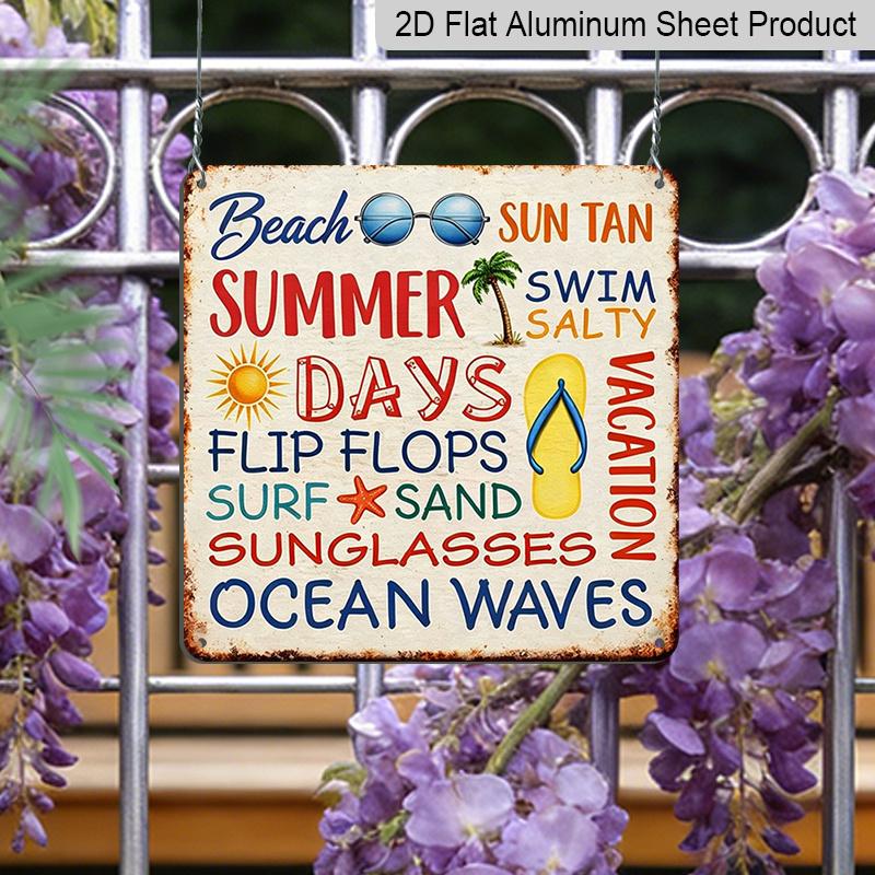 2D Flat - 1pc Vintage Aluminum Metal Sign, Outdoor Wall Decoration, Retro Tin Sign Style, Summer Beach Text Decor, "Summer Time", Home Wall Plaque