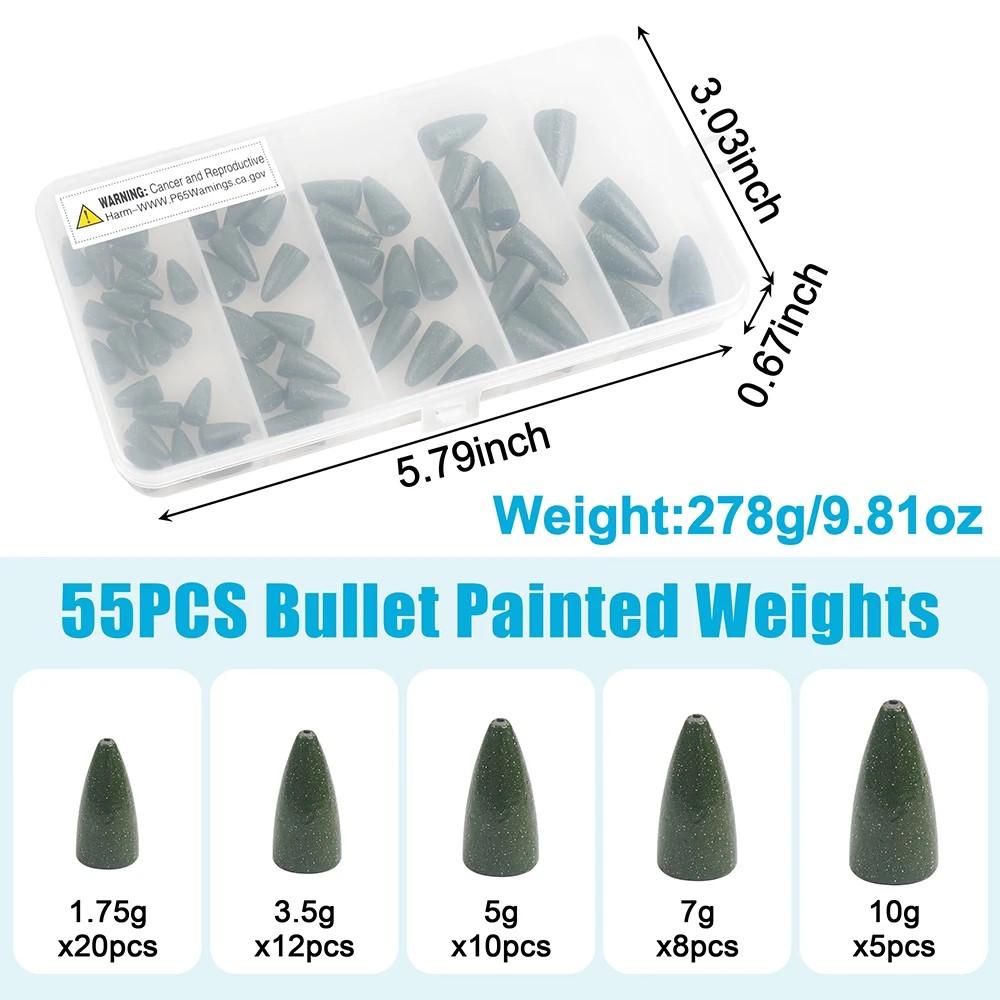 55Pcs Fishing Weights Sinkers Bullet Fishing Sinkers Worm Weights for Bass Fishing Carolina Rig Texas Rig Slip Sinkers Weights