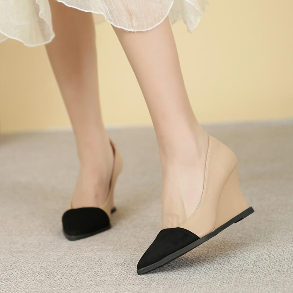 Women Leather Pointed Toe Wedges High Heel 5cm-8cm Slip on Comfortable Soft Sole Work Shoes Wide Heels Women Pumps Women Shoes