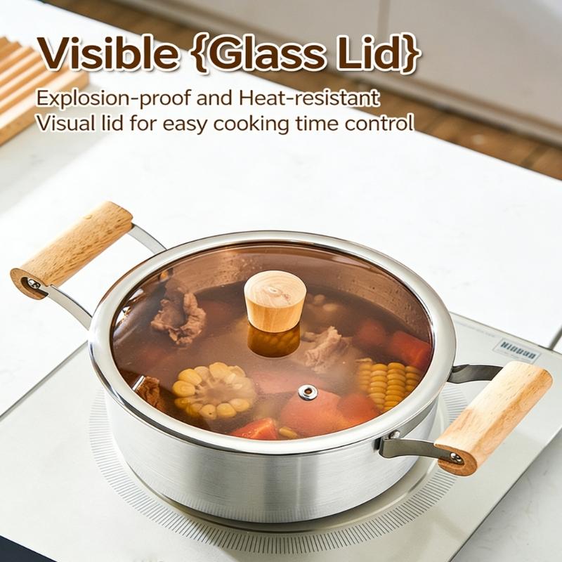 Aluminum Soup Pot with Double Wooden Handle and Glass Cover for Gas Induction Cooktops Multipurpose Cooking Application
