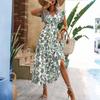 Bohemian Style Women's Summer V Neck Waist Cinched Floral Print Maxi Dress with Short Sleeves and Ruffled Hem for Casual Wear