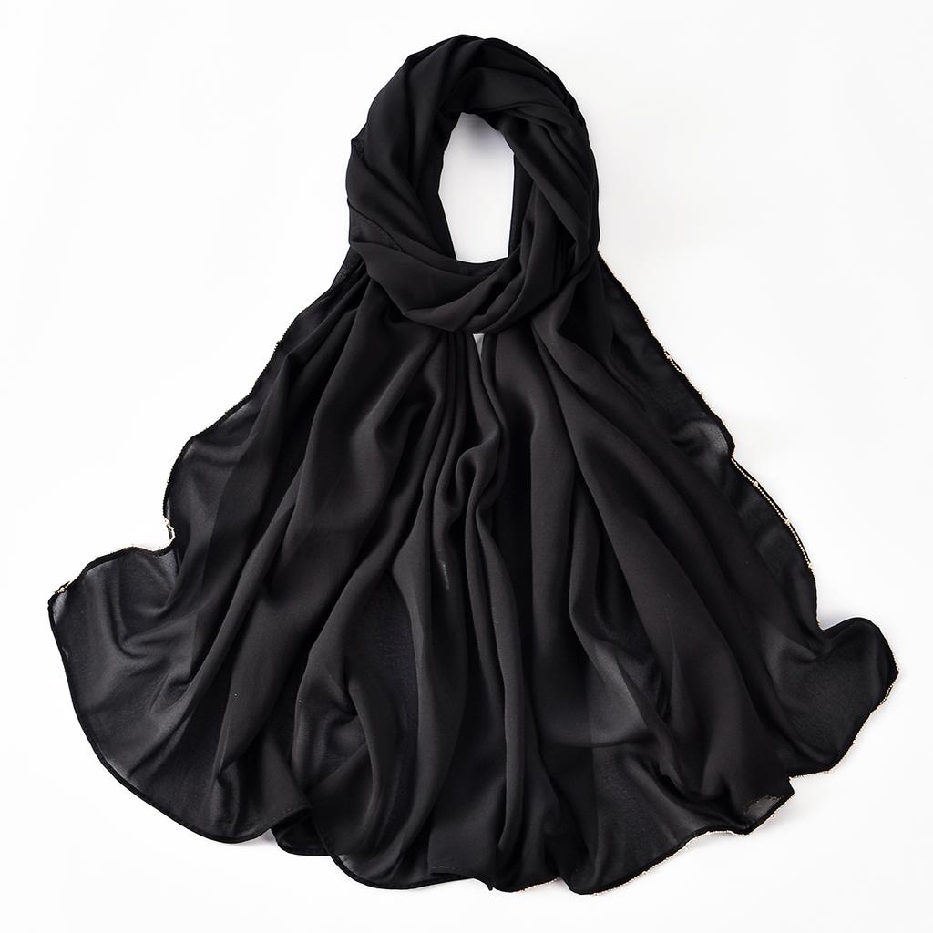 Muslim Chiffon Hijab Women Glitter Chain Edge Premium Chiffon Scarf Solid Color Plain Shawl Unique Edge Design Headscarf Wraps