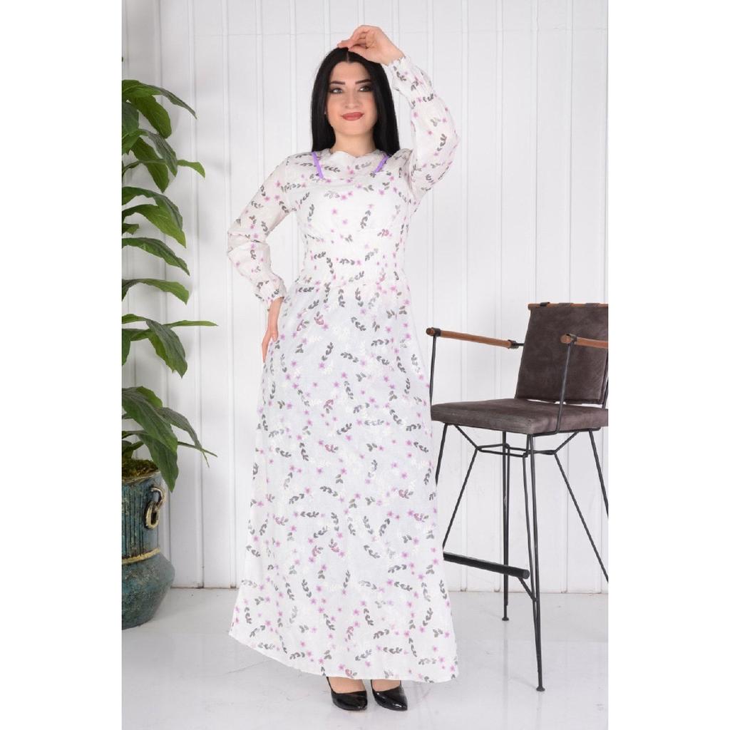 Long Hijab Elastic Waist And Embroidered Dress / Blue Flower Embroidery (brode) Slim Fit Buy A Larger Size