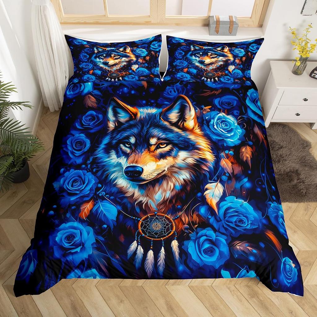 Kids Wolf Comforter Cover Full Queen Size Botanical Floral Bedding Set Wild Animal Duvet Cover Plant Flower Bedspread Cover