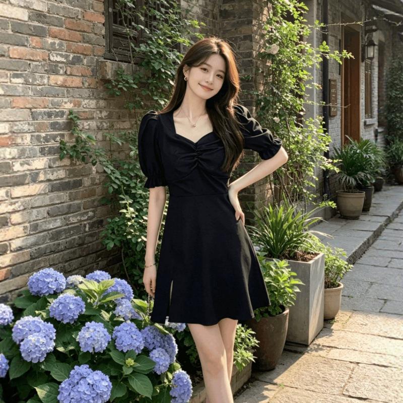 Summer New French Retro Hepburn V-neck Slim Waist Split Dress Children
