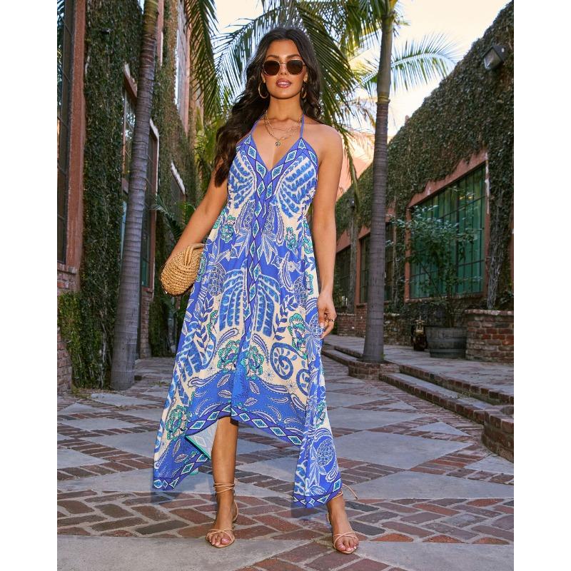Summer off-shoulder V-neck women's suspender printed long dress for women