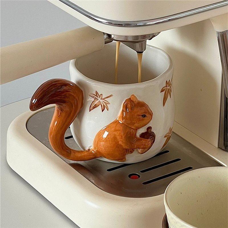 ABBY-Coffee Mug& Porcelain Cup Lovely Squirrel Relief Design Flower Mugs Afternoon Tea Teacup Fruits Juice Cup Sauce B