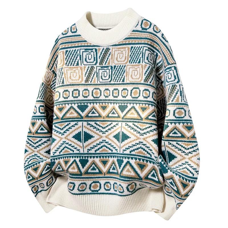 Men's Round Neck Pullover Personalized Ethnic Style Thickened Loose Korean Sweater Knitted Bottoming Shirt Top