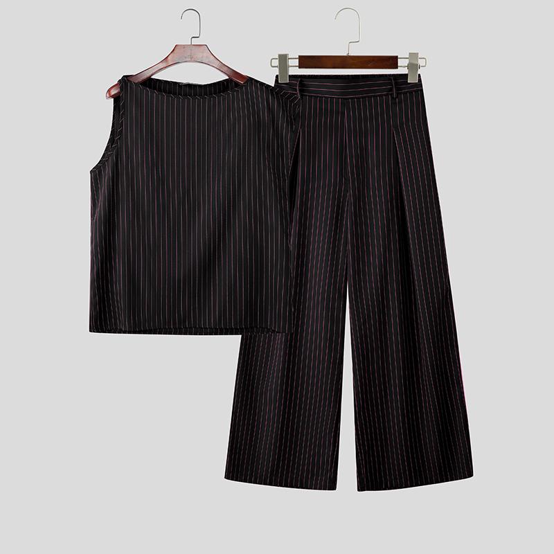 INCERUN Two Pieces Sets Men Casual Sleeveless Striped Tank Tops and Long Pants Trousers Outfits