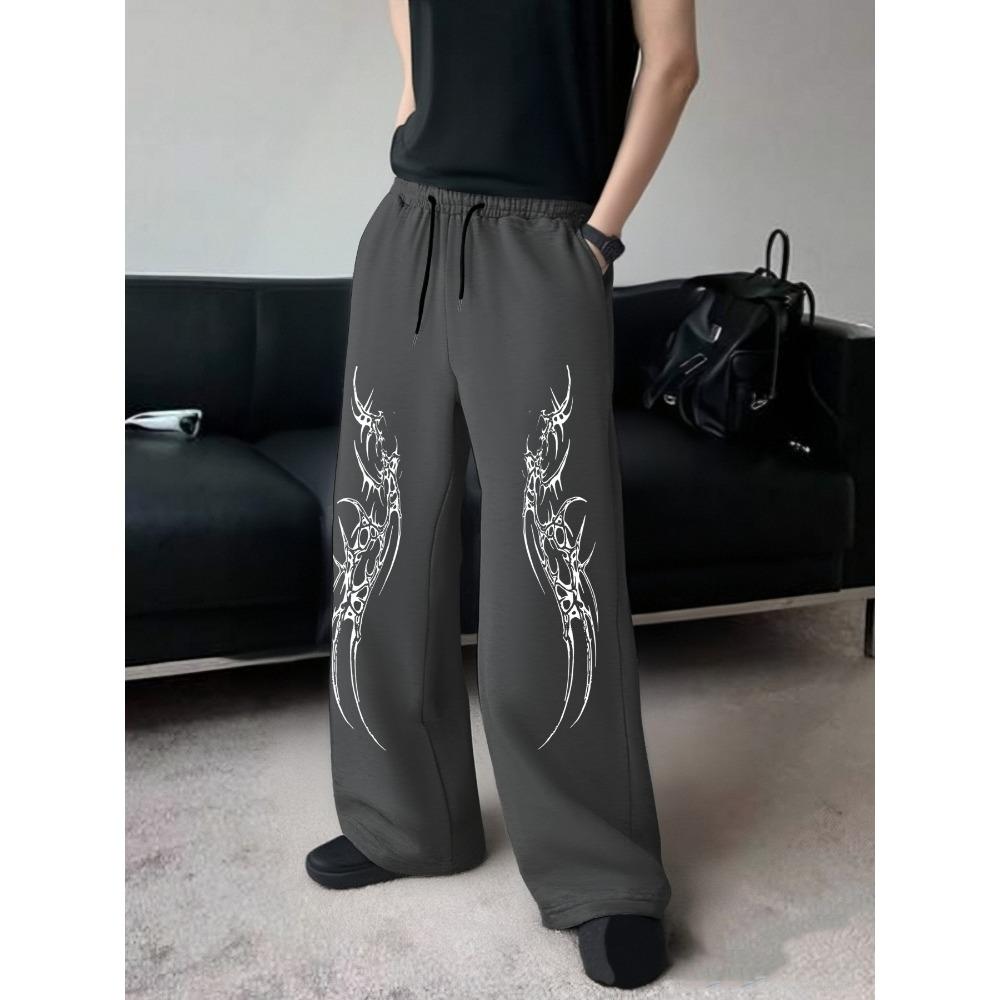 Men s Fashionable Casual Straight Leg Pants, Loose and Wide Leg Pants, Personalized Thorn Totem Print, Street Style, Hip-hop Style S