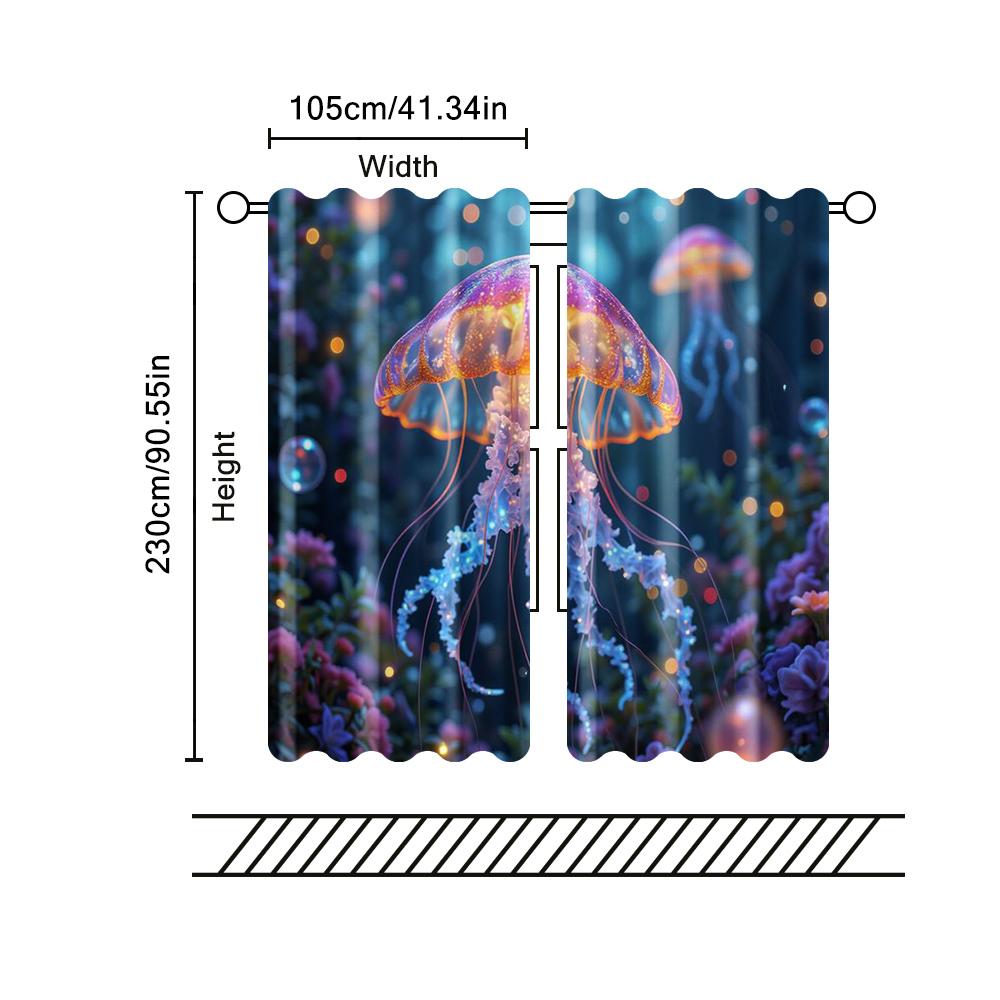Set Of 2 Filtering Curtains Excluding Rods Non Movable Without Batteries Cute Jellyfish Surroundedbackgroundsuitable Use Curtain Polyester