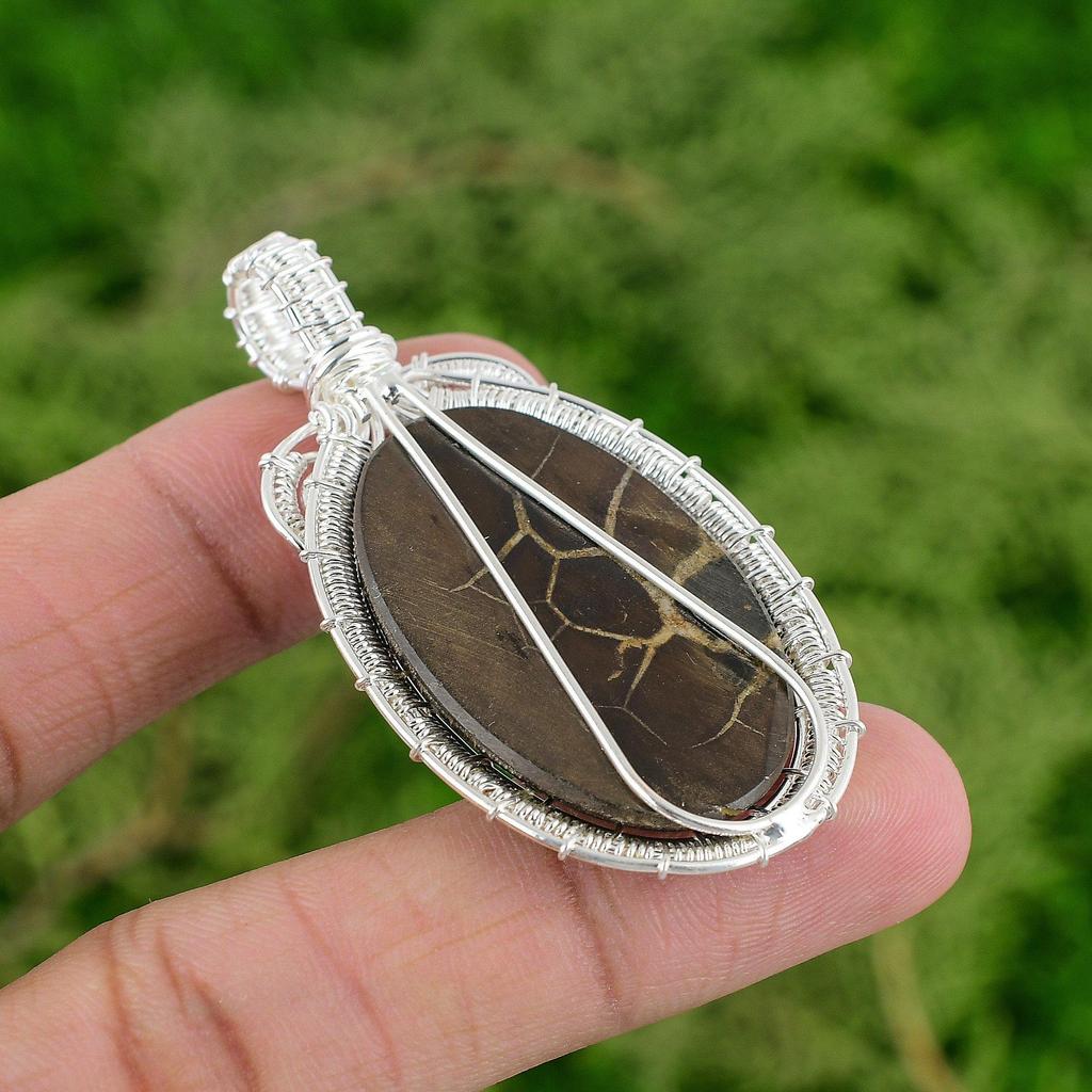 Moroccan Mud Crack Fossil Gemstone 925 Sterling Silver Wire Wrap Pendant Jewelry