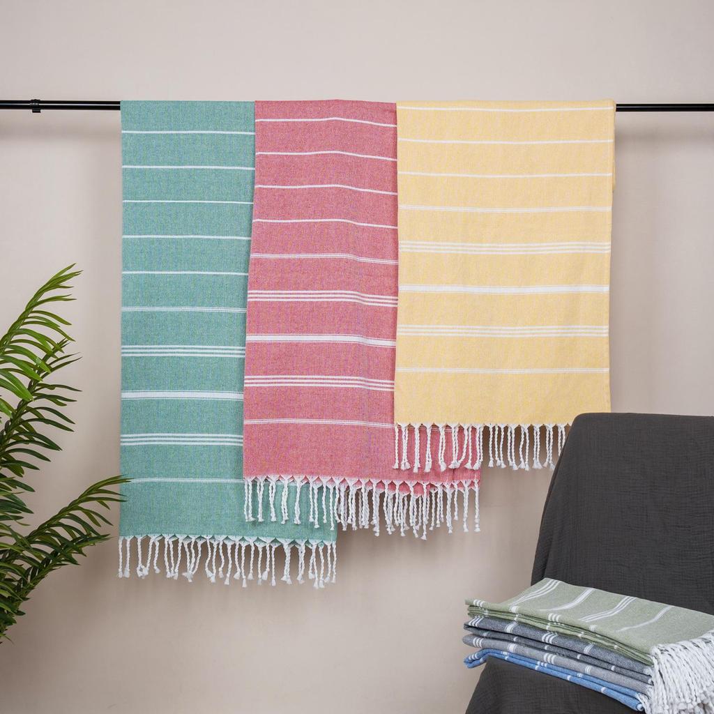 Yarn-Dyed Striped Quick-Dry Beach Towel - Multi-Color, Absorbent Cotton/Polyester Blend for Swimming & Bath