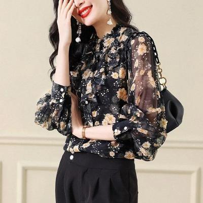 Blusa Elegante de Chiffon com Estampa Floral Feminina Manga Longa Gola Alta Babados Costurada Camisa Primavera Verão Senhora do Escritório