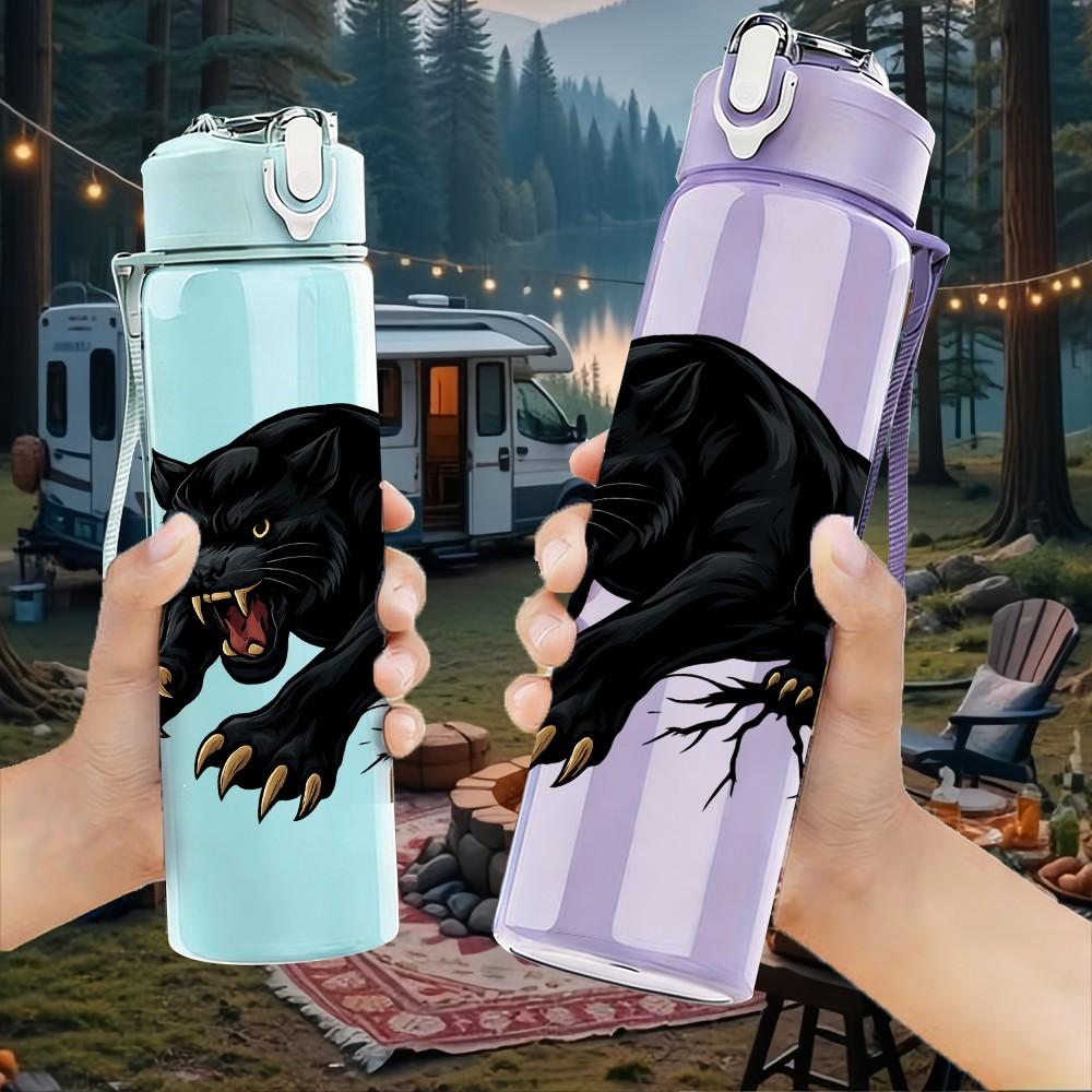 1PC Aggressive Black Panther 750ml Color Plastic Sports Water Bottle Leakproof Flip Straw Lid Suitable for Sports Office Home Use