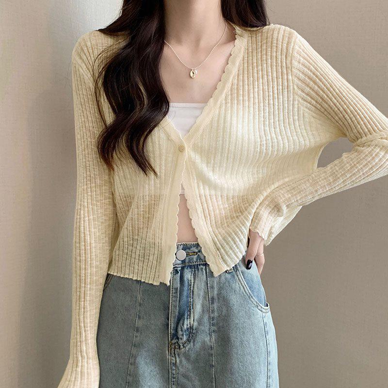 Dámský letní kardigan z ledového hedvábí s ochranou proti slunci s tílkem a tylovou šálou - Tenký styl krátká bunda top