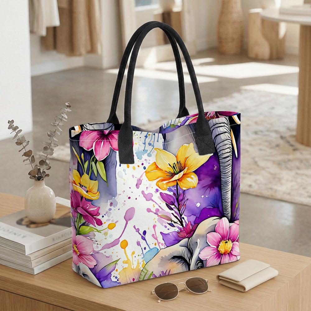 Floral Elephant Print Tote Bag Fashionable Large Capacity Casual Shoulder Bag for Daily Use