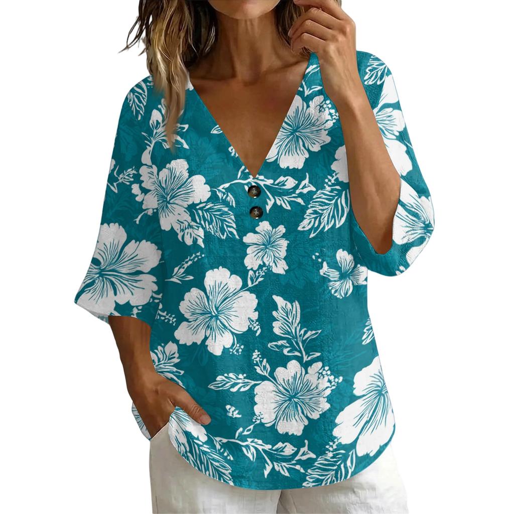 Women V Neck Vintage Floral Print Loose Fit Short Sleeve T Shirt Linen Blend Comfortable Casual Top for Daily Wear