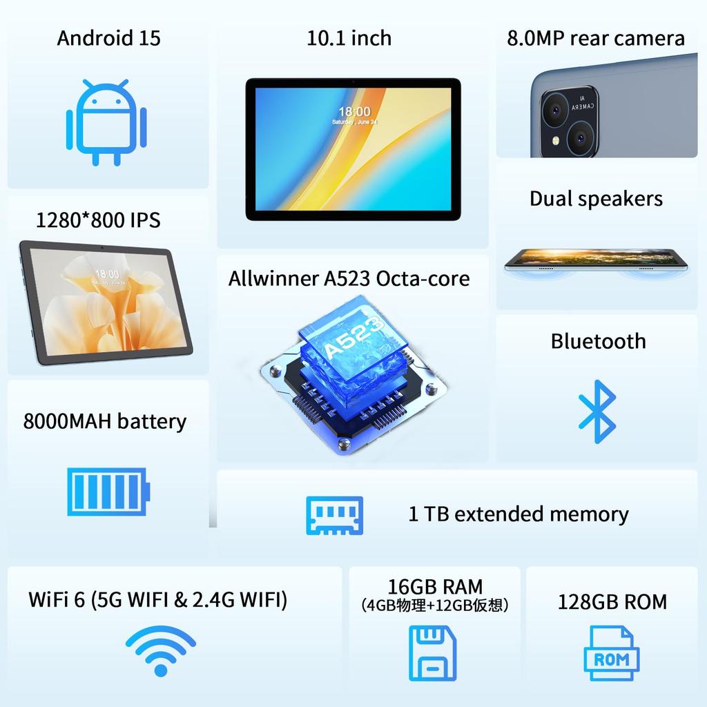 PRITOM Android 15 6 Resolution Widevine Bluetooth Wireless Full Metal Japanese Instruction Manual Included 10-inch Tablet, Wi-Fi Model, 16GB+128GB+1TB