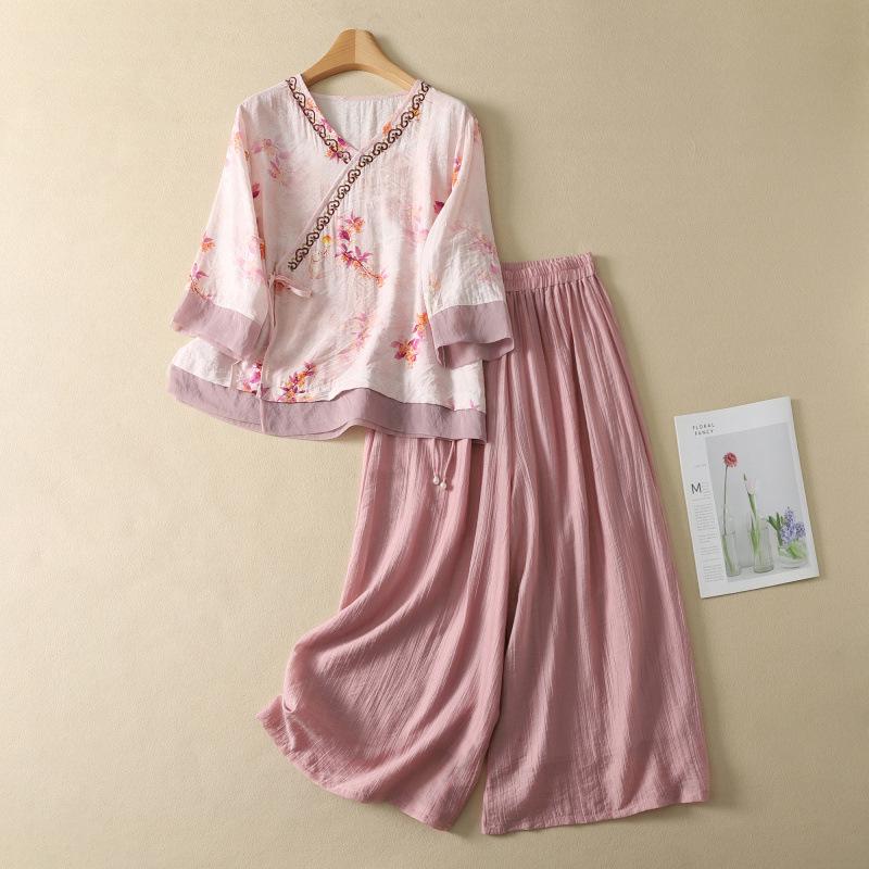 Summer 2026 Tencel Plus Size Elegant Retro Printed Suit with Wide-Leg Pants Large