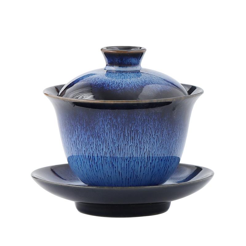 Kiln Change Tianmu Glaze Ceramic Three-Talent Covered Bowl Seven-Color Brushwork Large Jun Porcelain Cup Kung Fu Set Tea