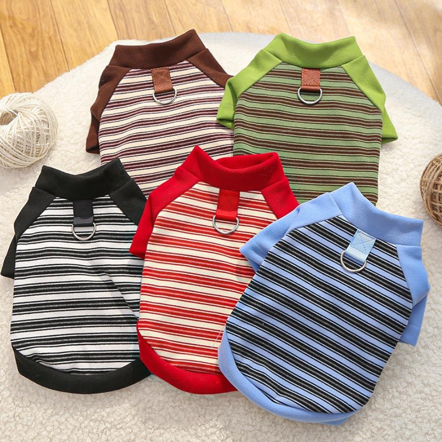 Autumn Winter Pet Clothes Dog Cat Striped Base Layer Shirt Warm Outfit with Leash Ring for Small Dogs Teddy Bichon