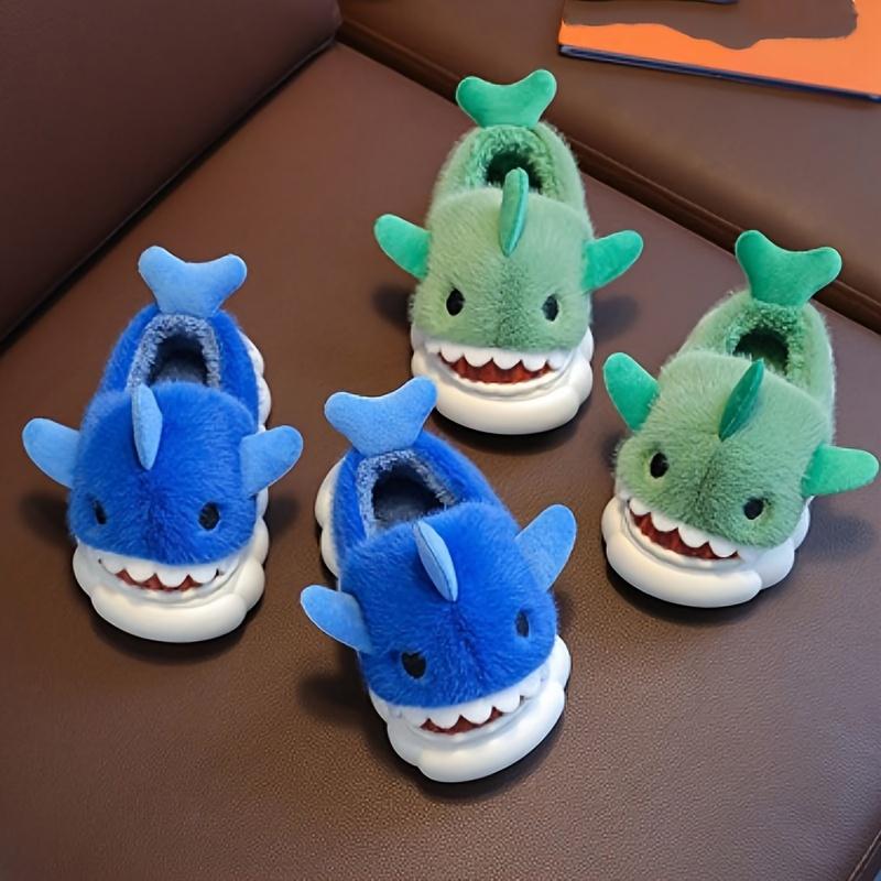 1 Pair Youngsters' Shark Plush Slippers - Soft Fleece-Lined Slip-On Indoor/Outdoor House Shoes with Cartoon Shark Design, Non-Slip PVC Sole