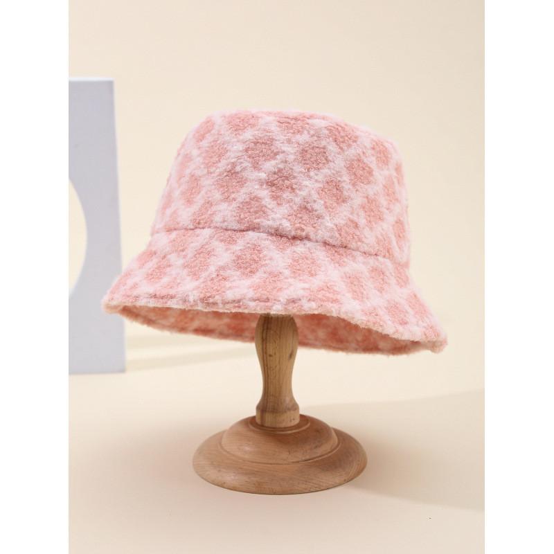 Winter Lady Bucket Hat With Plaid Pattern And Warm Fleece For Outdoor Casual Wear