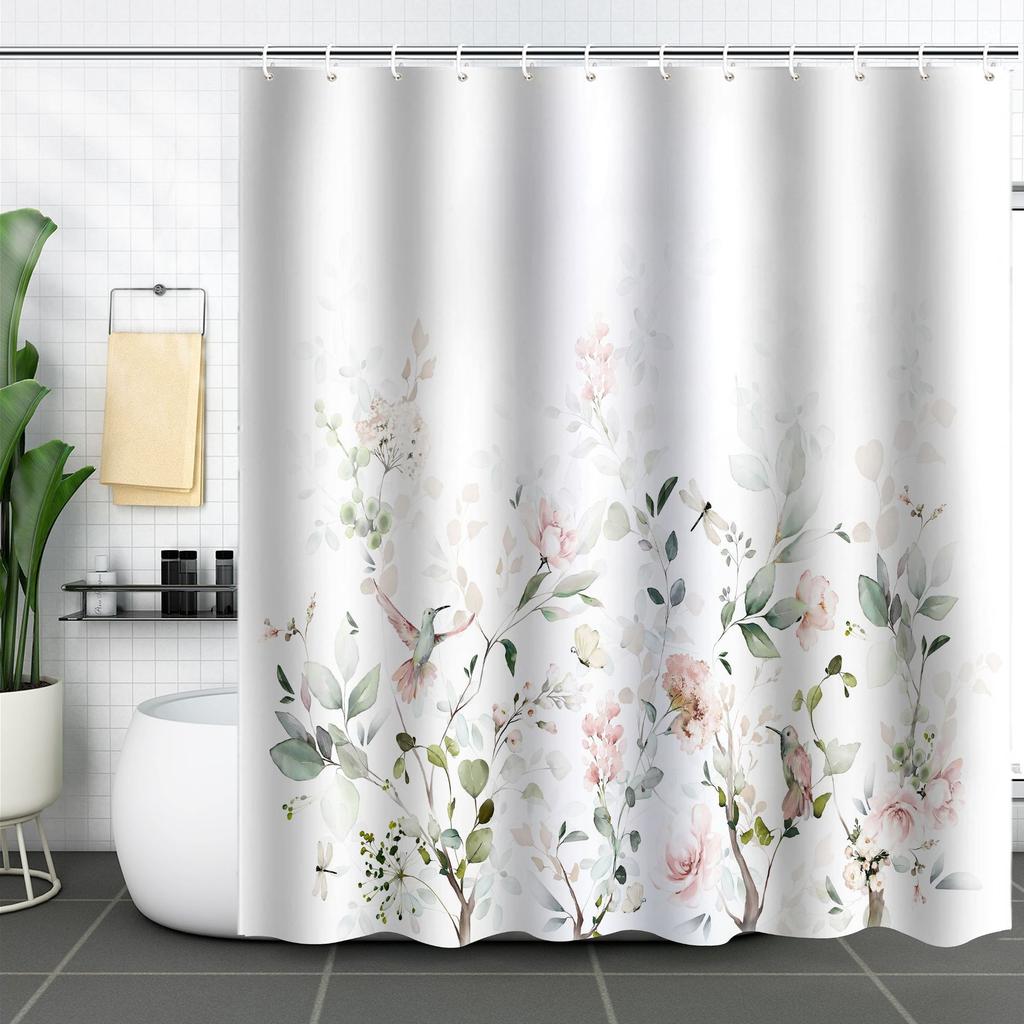 Green Plant Waterproof and Mildew-proof Polyester Bathroom Shower Curtain Shower Curtain Partition Curtain Free of Punching
