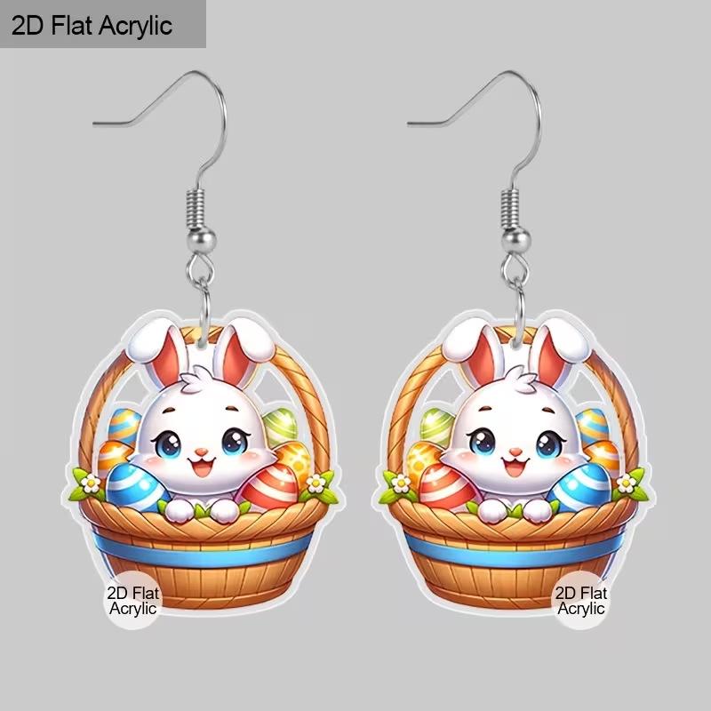New White Rabbit Earrings 2D Acrylic Creative Rabbit Sitting in Basket with Colored Easter Egg Earrings