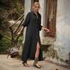 Women's Cotton Linen Shirt Dress Casual Rolled-Up Sleeve Button Dowm Maxi Dress Summer Loose