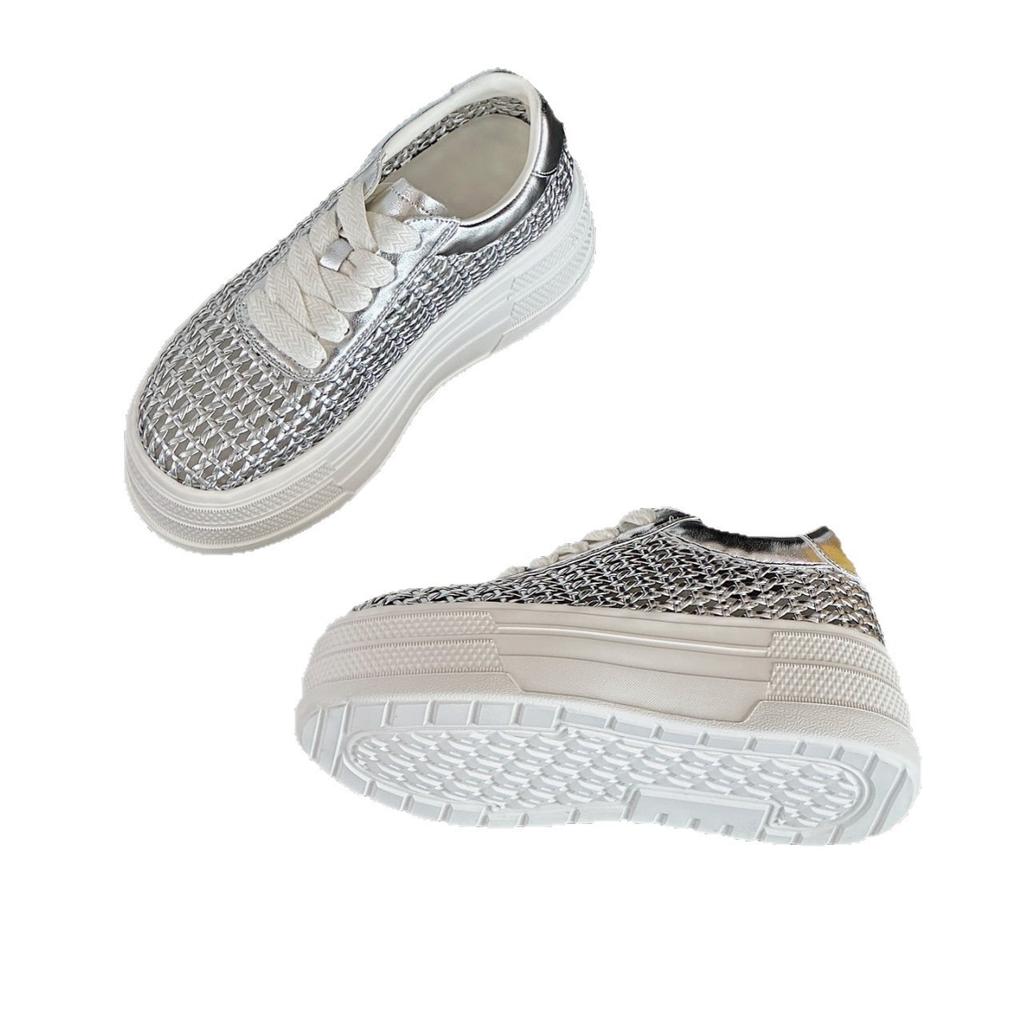 Korean version of thick-soled hollow fashion casual shoes women's 2025 summer new woven mesh white shoes versatile muffin shoes