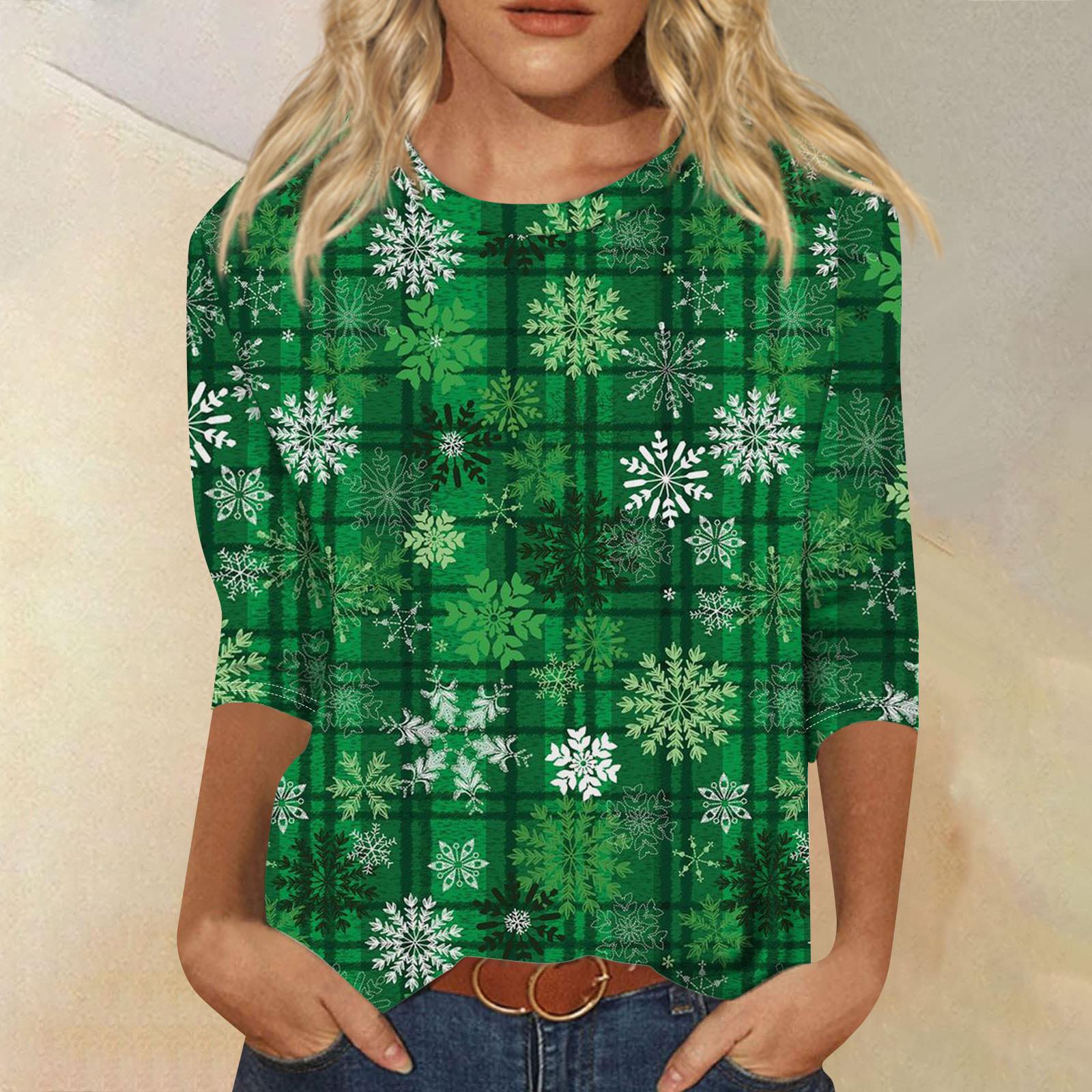 

Женская мода повседневная рубашка с круглым вырезом и рождественским принтом, семь рукавов XXXXXL зелёный