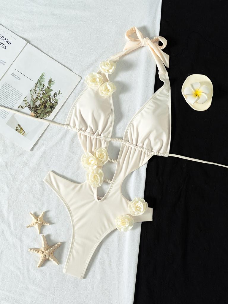 Einfarbiger Bindebikini mit Perlenblumen-Dekoration für Damen