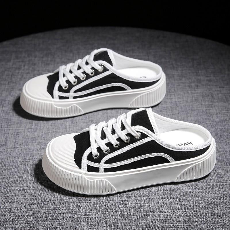 

Canvas bag head half slippers women s 2025 new Korean version Xiaoxiangfeng round head women s shoes lace-up student casual little white shoes 35 чёрный
