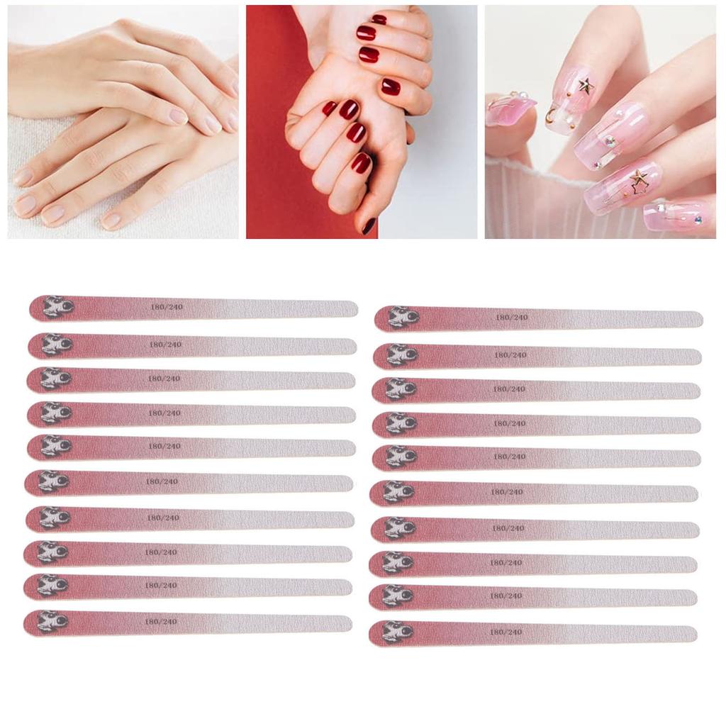 20pcs Nail Files Double Sided 180 / 240 Grit Washable Reusable Manicure Tools for Nail Salon Pink