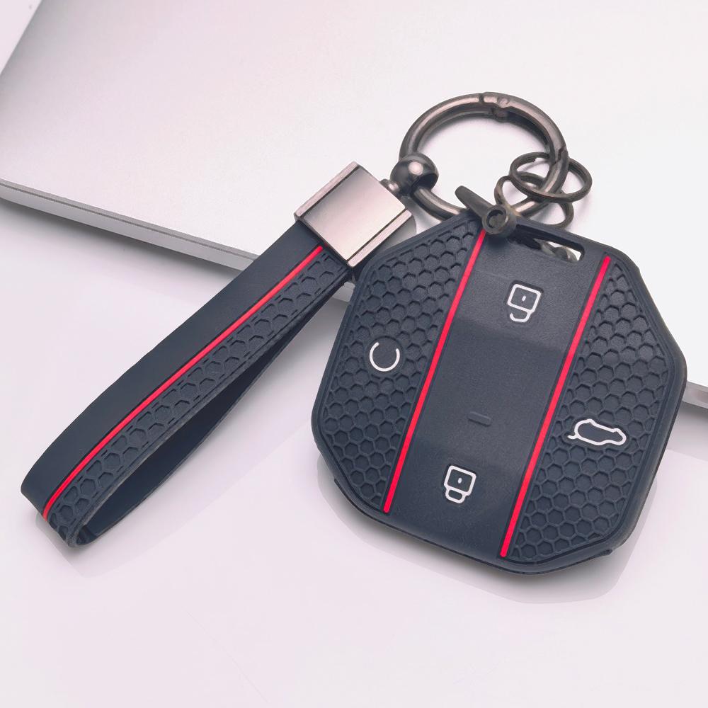 Soft Silicone Remote Key Case for Chery JETOUR Freedom Traveler Tiggo 7 Pro Arrizo 8 with Keychain Honeycomb Texture Racing Stripe Key Shell Accessory