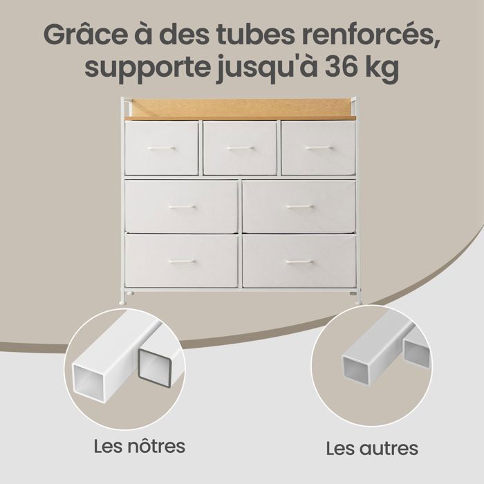 Commode, 7 Fabric Drawers, Metal Frame, Modern Style, White and Beige