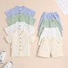 Boys' Solid Color Short-Sleeve Stand Collar Two-Piece Set with Rolled Cuff Shorts