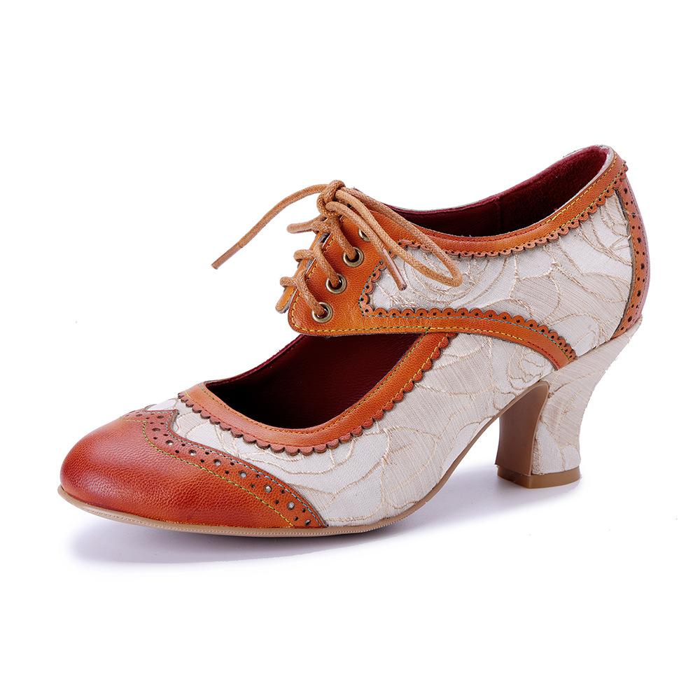 

Johnature Винтажные Лоскутные Мэри Джейн На Шнуровке Высокие Каблуки Ручной Работы Натуральная Кожа Женская Обувь 36 коричневый