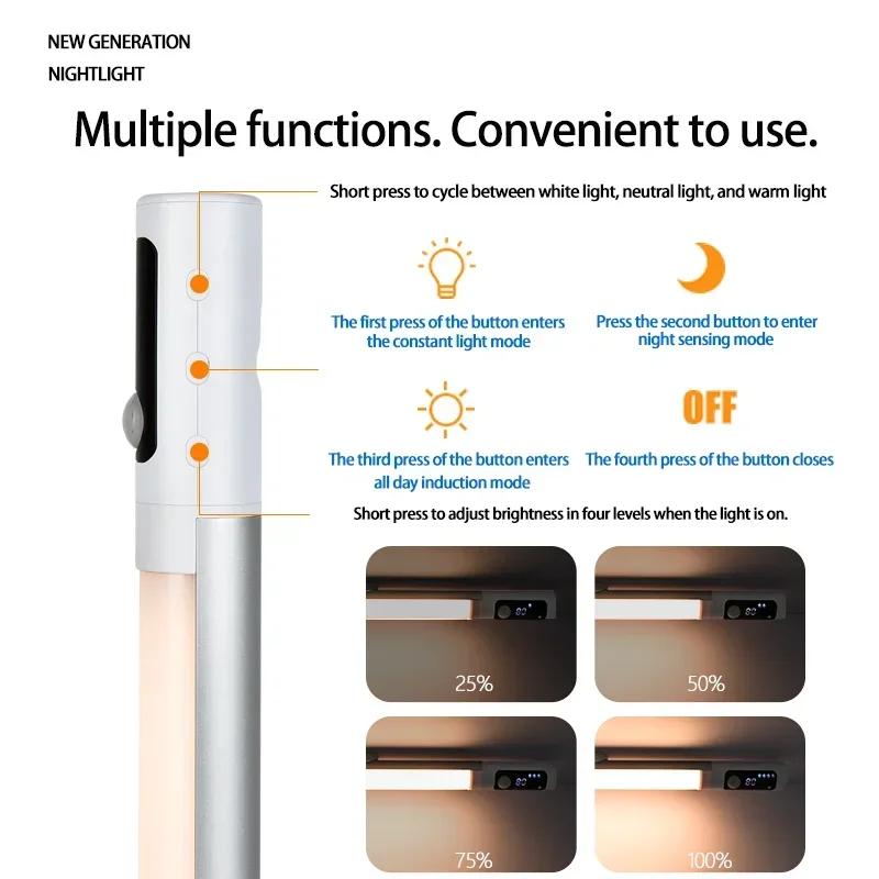 Bar LED Lights Motion Sensor Cabinet Lights Digital Display Desk Lamp Type C Rechargeable Lights for Kitchen Closet Night Light