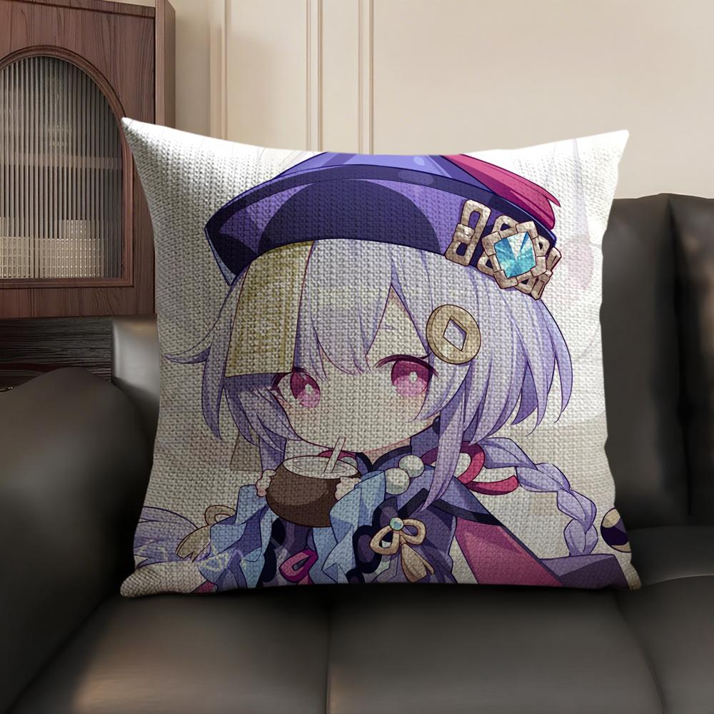 Qiqi Genshin Impact Cute Cushion Cover Natural Linen Organic Fabric DoubleSided Printing Sofa Home Decor Gift Pillow Case