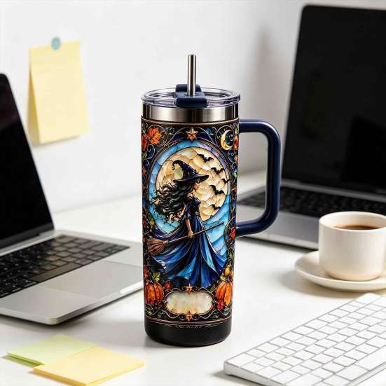 Portable Drinkware for Outdoor Activities 40oz Witch Tumbler, Halloween Gothic Stainless Steel Cup Spill Resistant Coffee Car with Handle, Insulated