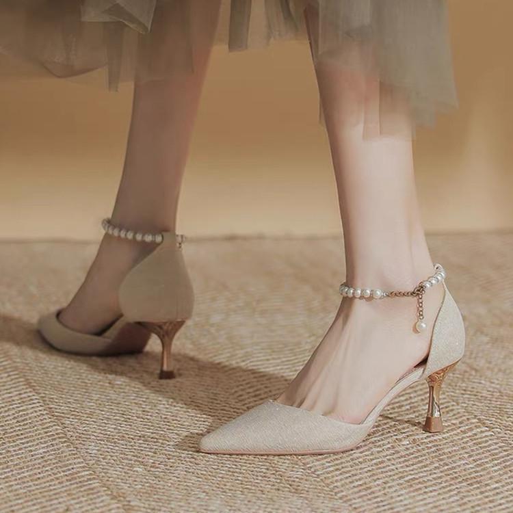 Fashion High Heeled Women's 2025 Spring/summer New Style Fairy Style Pointed Thin Heel Pearl Straight Strap Hollow Toe Sandals