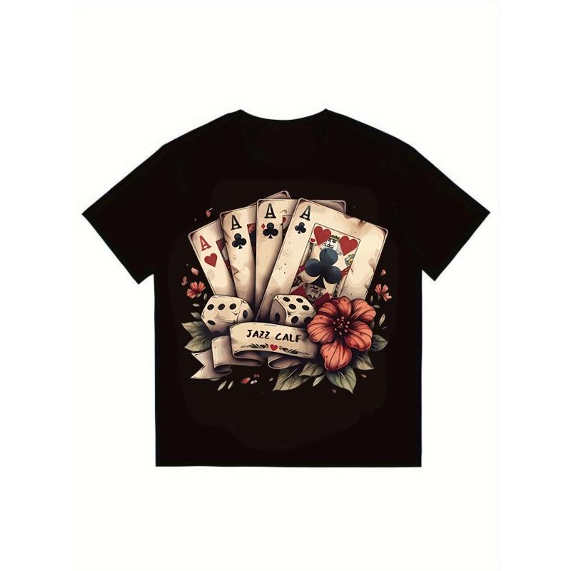 

Men s T-Shirt Black Four Aces Playing Cards Dice Flower Jazz Calf Print Casual Streetwear Fashion Top XXXXL