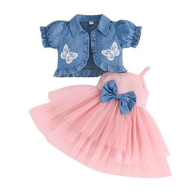 Conjuntos de Verano para Niña Pequeña Vestido Línea A de Tul con Tirantes Espagueti y Lazo con Estampado de Lunares y Mariposas, Cárdigan Corto de Manga Corta Abullonada