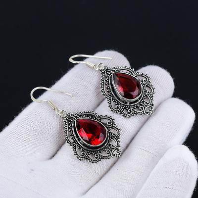 Red Garnet Earrings, Gemstone Earring, Antique Red Garnet Gemstone Silver Earring, 925 Solid Silver Gemstone Jewelry, Gemstone Earring For Her