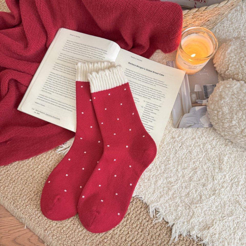 Wool Socks - Children's Autumn and Winter Red Thick and Warm Sleeping Socks, New Year Floor Stockings